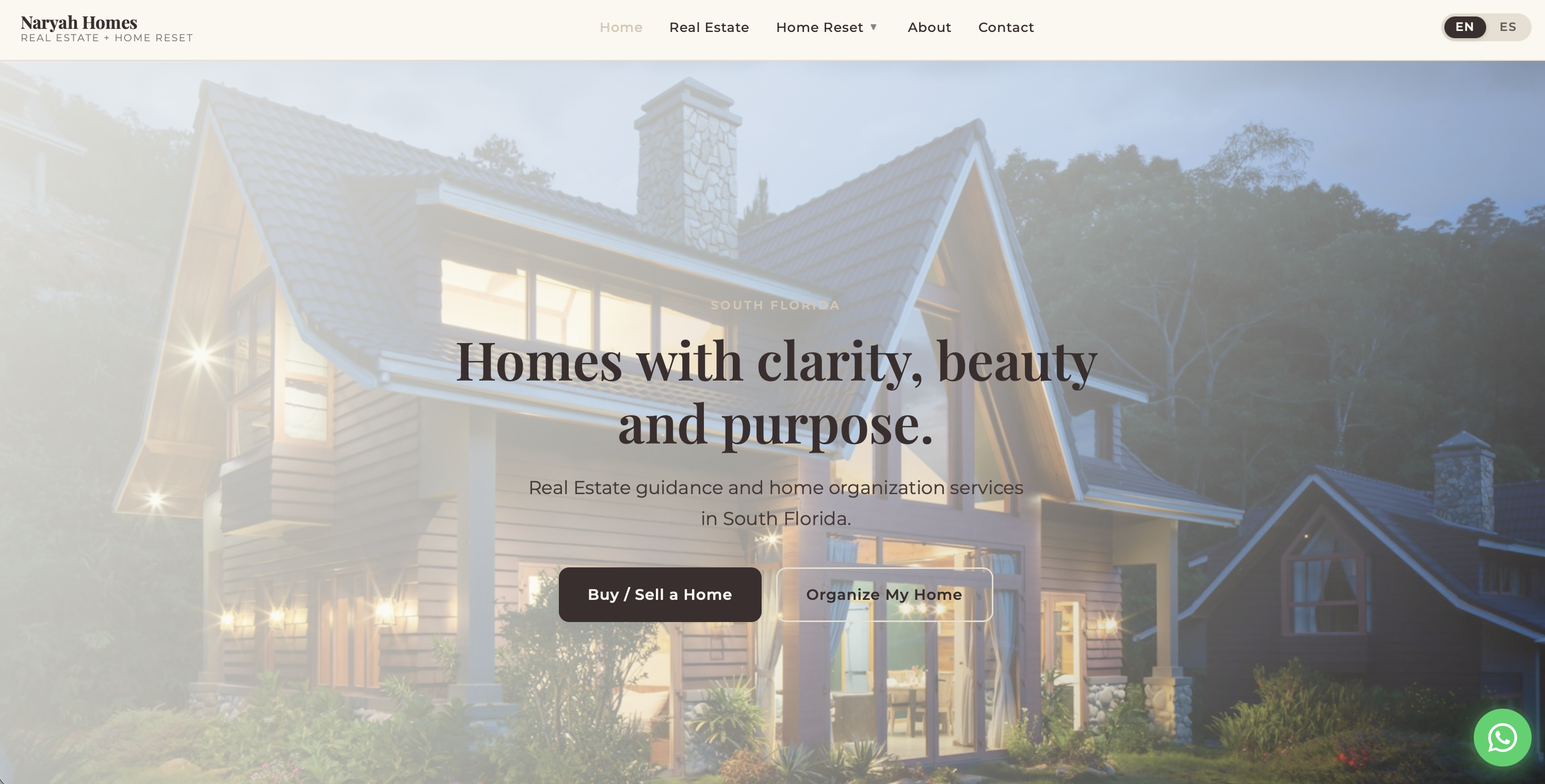 Naryah Homes bilingual EN/ES real estate and home organization website — hero section